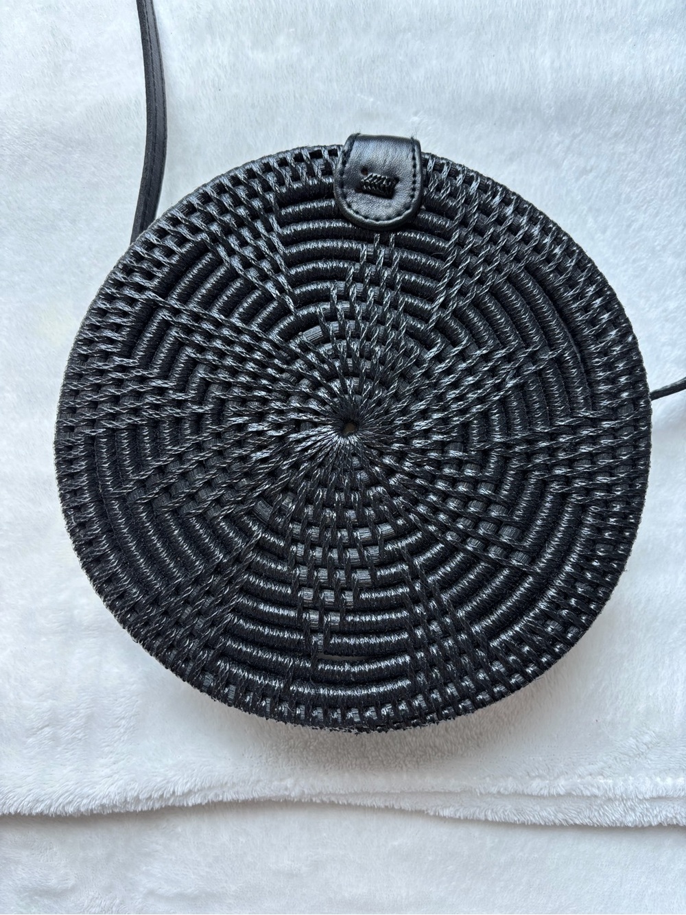 Round Black Woven Crossbody Bag with Adjustable Strap